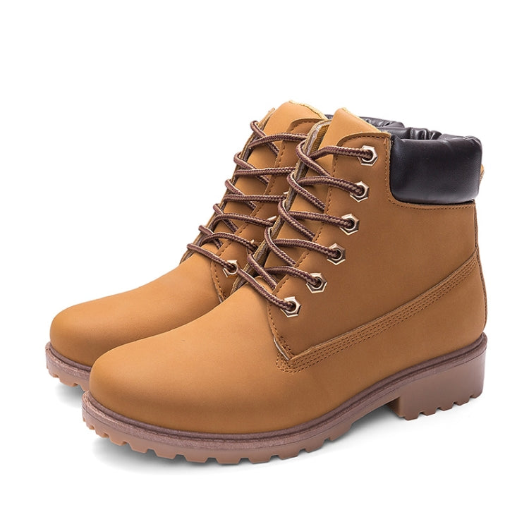 Tan lace-up warm ankle boots with padded collar, metal eyelets, and rugged tread sole