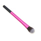 Pink eye shadow brush with black ferrule and rounded bristles, angled view