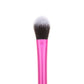 Pink eye shadow brush with dense rounded bristles on aluminum tube handle