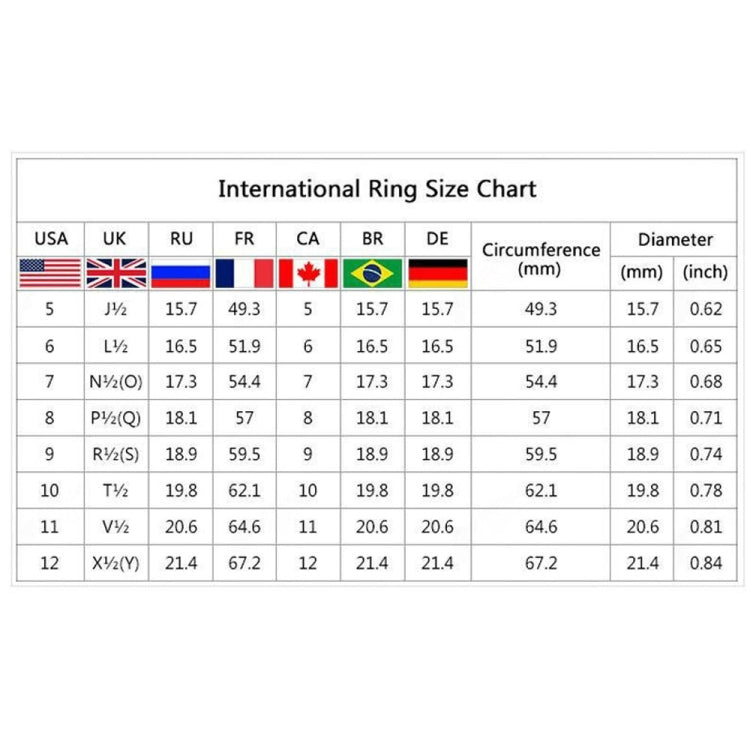 International ring size chart with circumference and diameter measurements