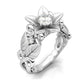 Angled view silver flower wedding ring with central clear stone and diamond accents