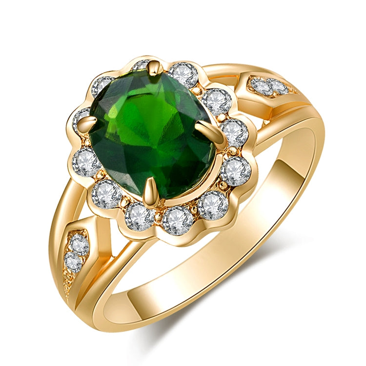 Gold vintage oval green gemstone ring with round clear stones, split band