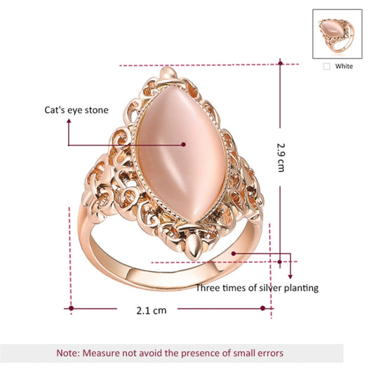 Rose gold oval opal ring sizing diagram with labeled dimensions and measurement notes