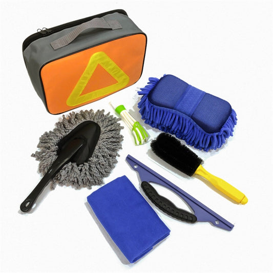 Car washing tool set in orange zip pouch, with blue microfiber brush and gray pads