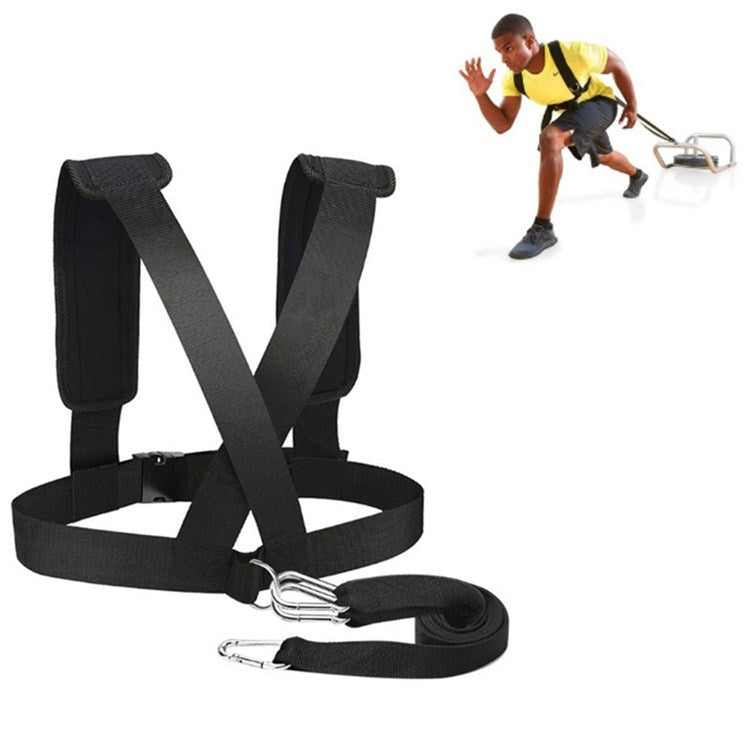 Black resistance training belt with padded leg sections, crossed straps, and silver clips