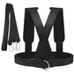 Black training belt harness with two padded leg straps, crossed center band, and buckle
