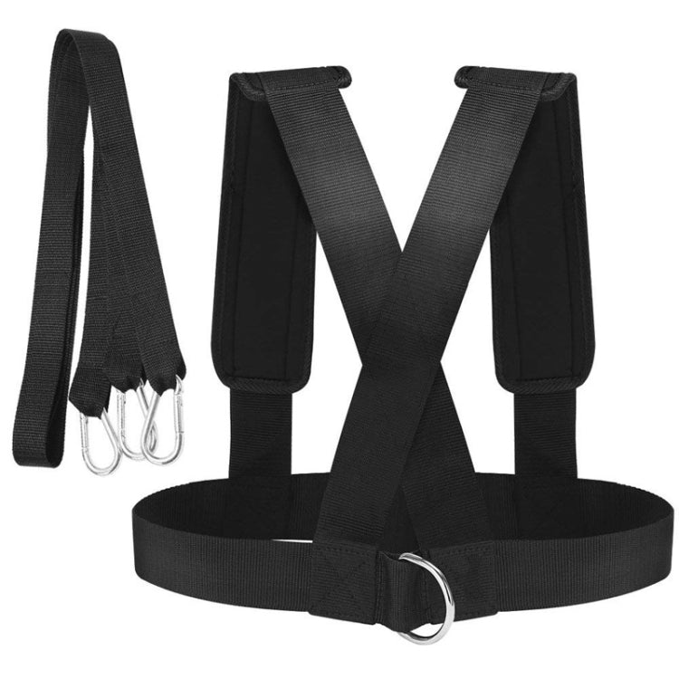 Black training belt harness with two padded leg straps, crossed center band, and buckle