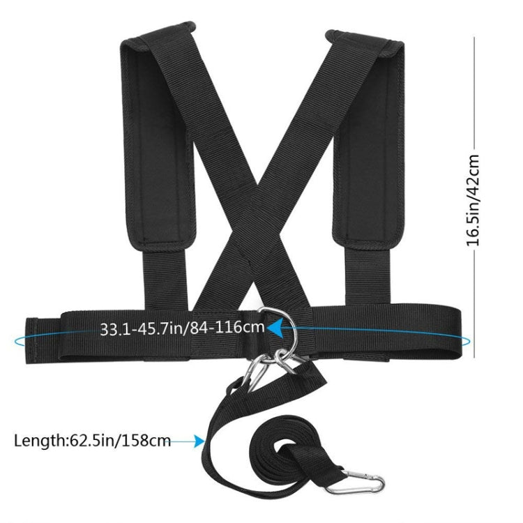 Black resistance belt with crossed straps, padded leg supports, and adjustable hooked strap