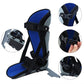 Blue ankle brace on light foot base with black cross straps and side supports