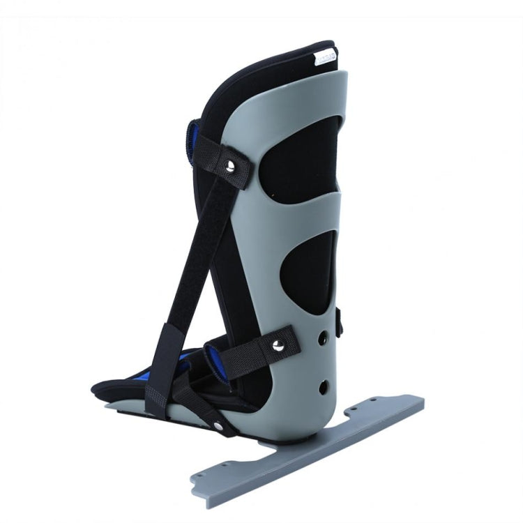 Light gray and black ankle brace with blue heel panel and rigid sole plate