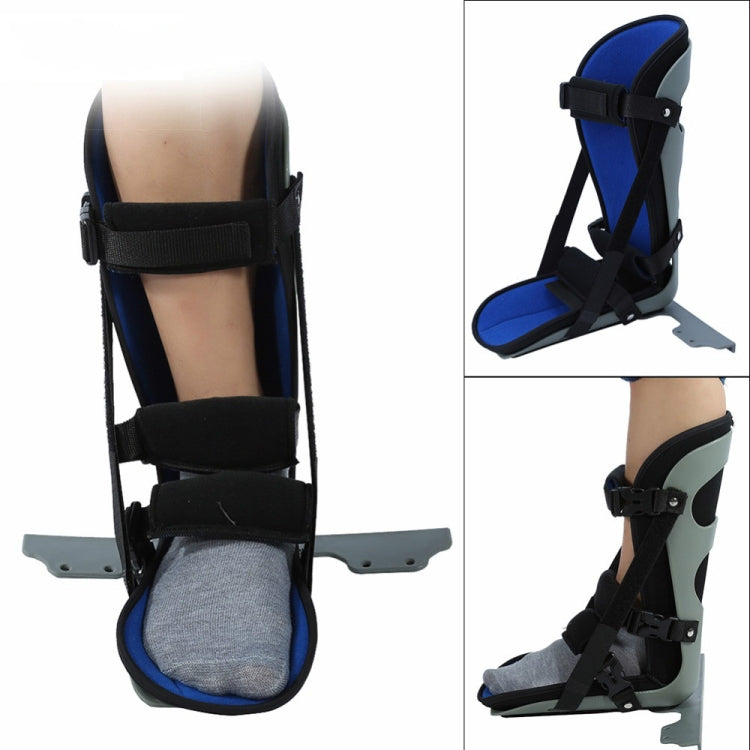 Blue ankle brace with black straps and gray foot platform shown from front and side