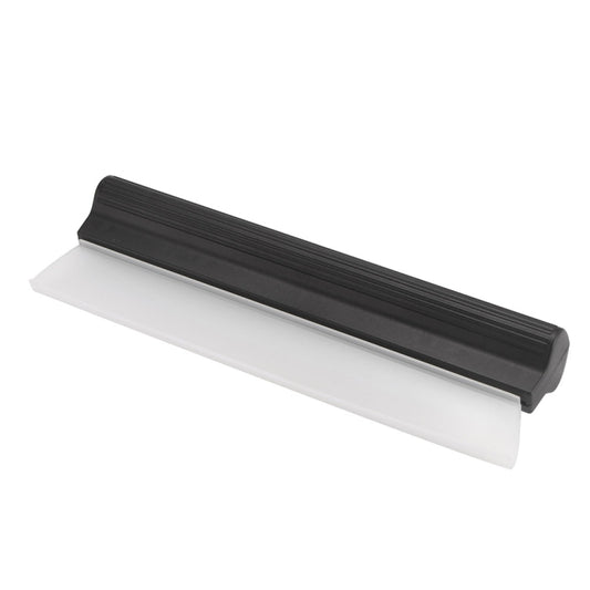 Water scraper with black top housing and white rubber blade, I-shaped