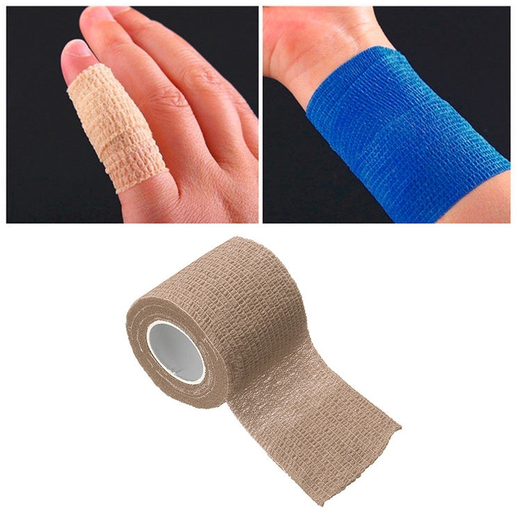 Self-adhesive elastic sports bandage roll with beige strip and blue application