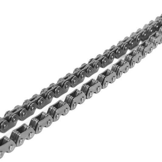 Close-up of a 90-link timing chain with interlocking roller plates