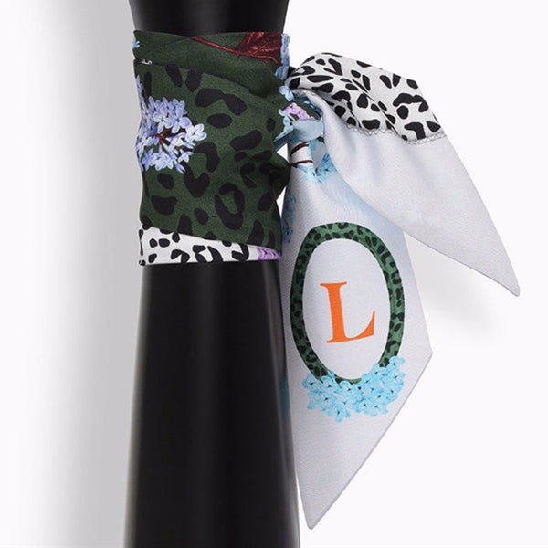 Small letter tarot scarf, dark green and black with floral accents, letter L