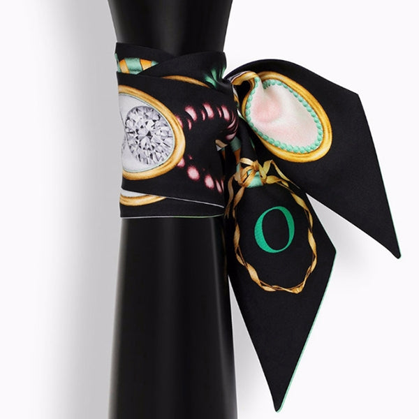 Small letter tarot scarf, black with jewel-like oval details, letter O