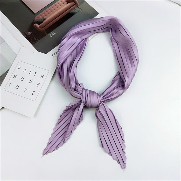 Lavender pleated square silk scarf, looped knot with vertical pinstripe ends