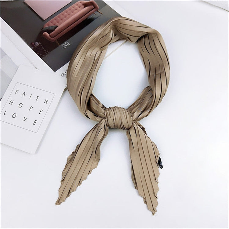 Silk square scarf, olive tan pleated stripes with tied knot at center