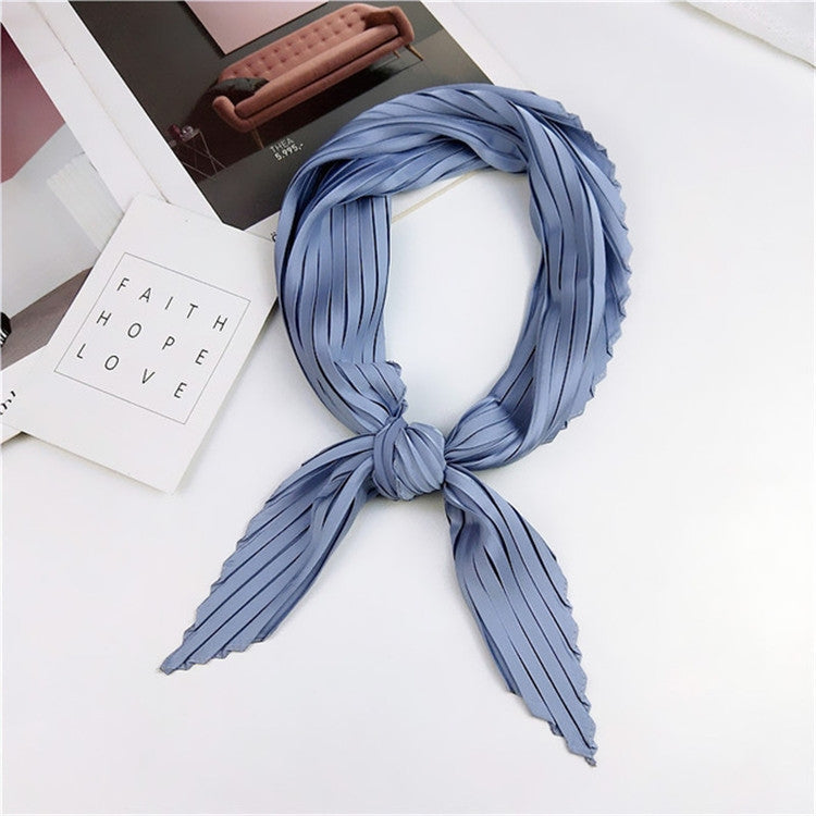 Silk square scarf, powder blue pleated stripes with tied knot at center