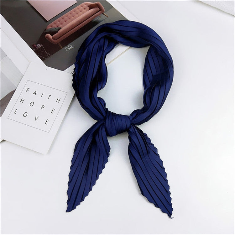 Silk square scarf, navy blue pleated stripes with tied knot at center