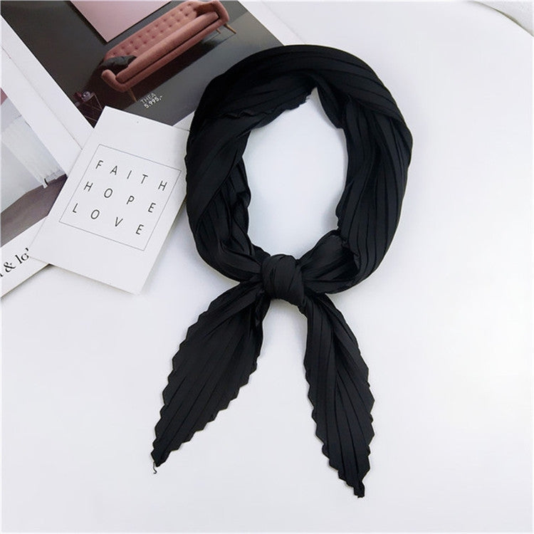 Silk square scarf, black pleated stripes with tied knot at center