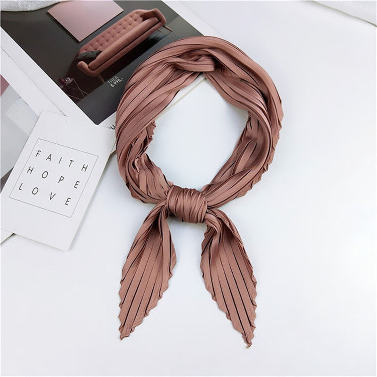 Silk square scarf, dusty rose pleated stripes with tied knot at center