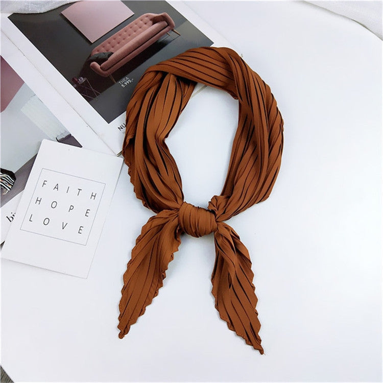 Silk square scarf, rust brown pleated stripes with tied knot at center