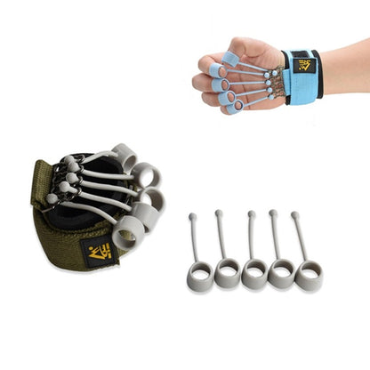 Finger flexion and extension training device with olive strap, five rings, and metal springs