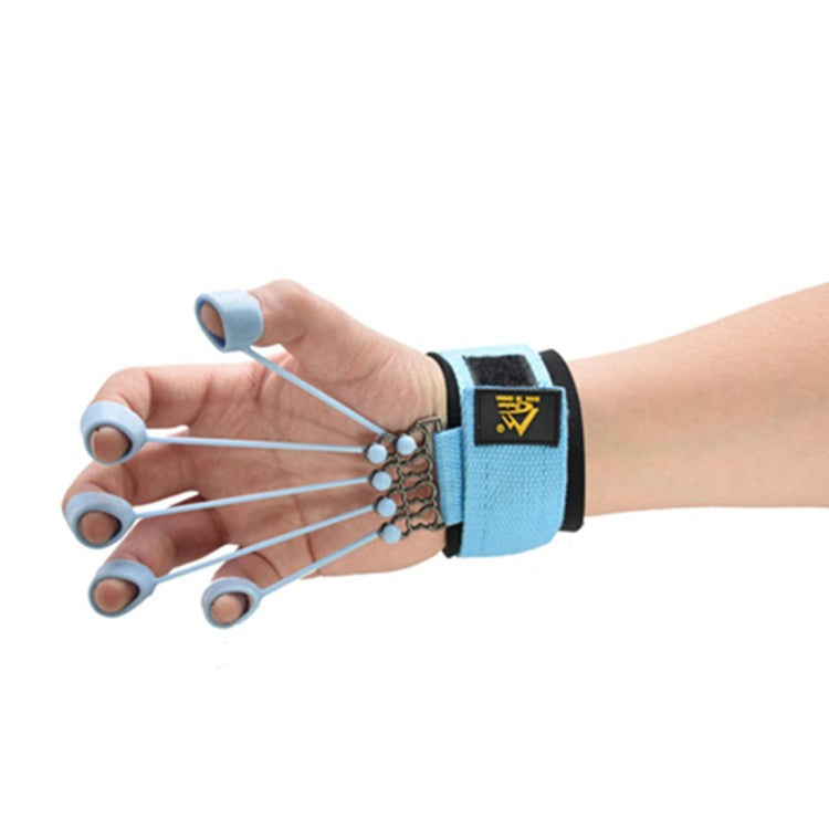 Blue finger training device worn on hand with wrist strap and five finger rings