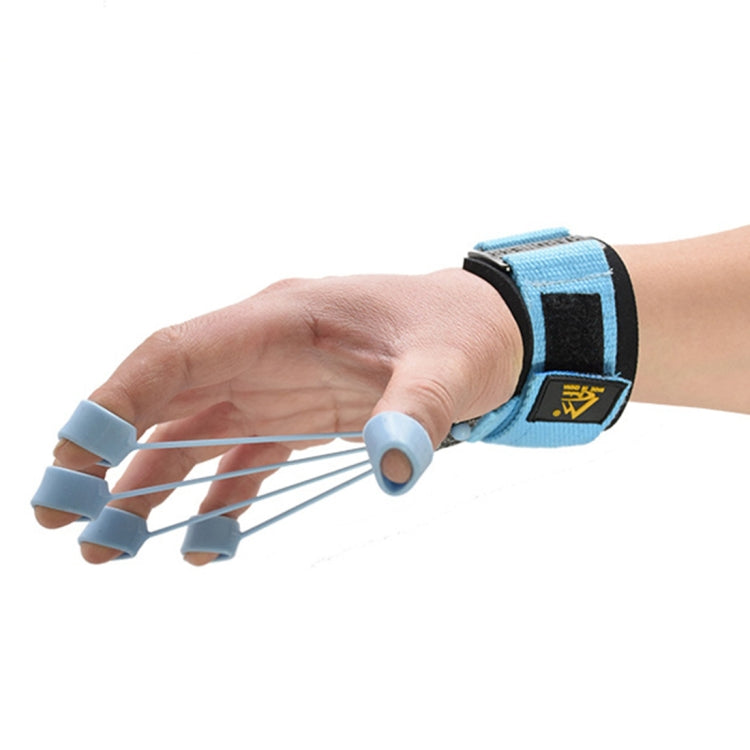 Blue finger flexion trainer in use on hand with wrist strap and ring connectors