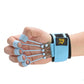 Close view of blue finger training device on hand with metal spring frame and rings