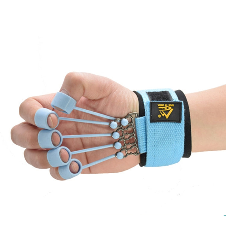 Close view of blue finger training device on hand with metal spring frame and rings