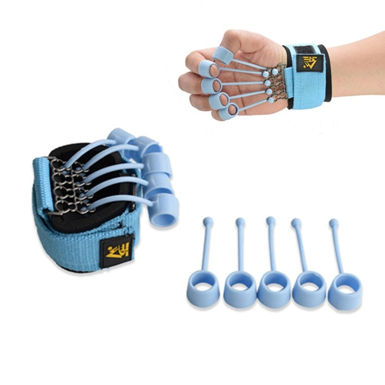 Blue finger flexion and extension training device with wrist strap, rings, and spring rods