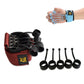 Finger training device with red strap, black spring frame, and five finger rings