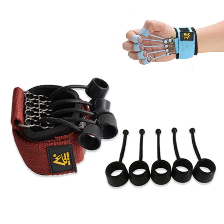 Finger training device with red strap, black spring frame, and five finger rings