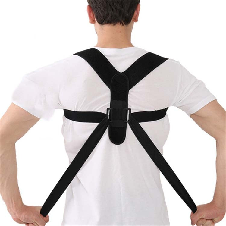 Black over-the-shoulder posture brace with X-cross straps on back
