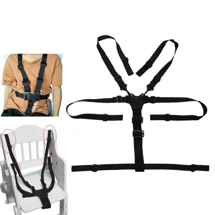 Five-point child safety stroller harness with black straps and central buckle.