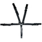 Five-point child safety harness with black straps and central cross buckle.