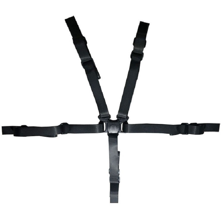 Five-point child safety harness with black straps and central cross buckle.