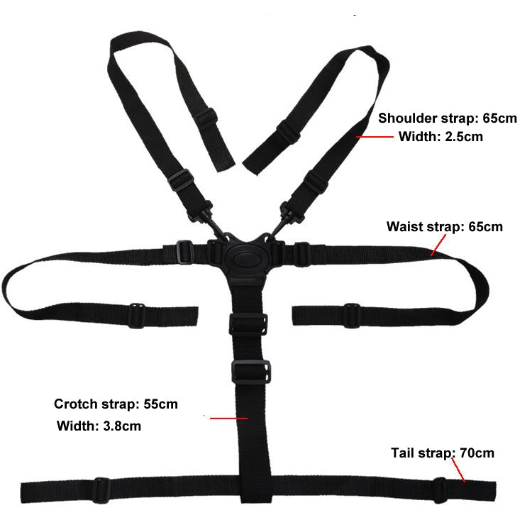 Five-point child safety harness layout with black shoulder, waist, and crotch straps.