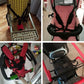 Five-point stroller safety harness installed on child seat with black straps.