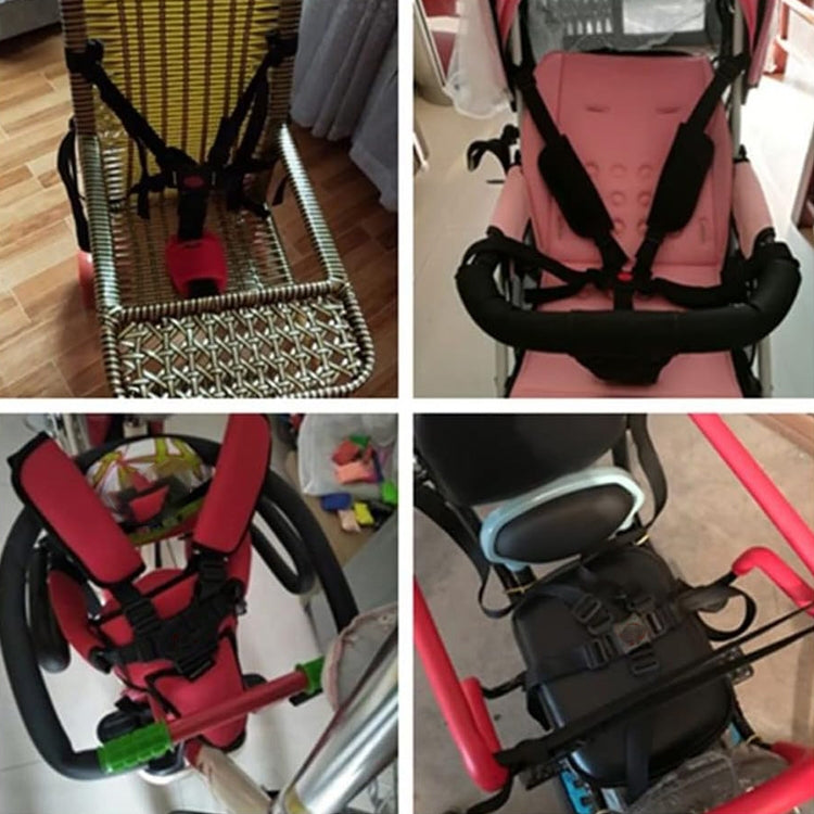 Five-point stroller safety harness installed on child seat with black straps.