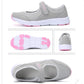 Gray mesh flat sneakers with outsole view, heel profile, and strap detail