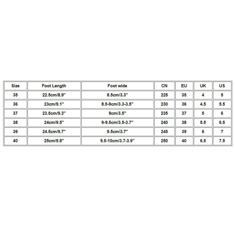 Shoe size chart table with foot length and width measurements
