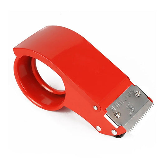 Red carton tape dispenser with serrated cutter blade and tape roll holder