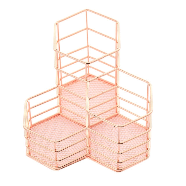 Rose gold hexagonal wire pen cup holder with stacked compartments for stationery storage