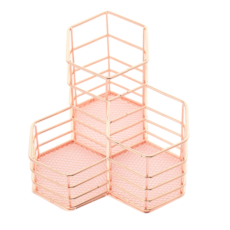 Rose gold hexagonal desk organizer with stacked open compartments and mesh shelf bottoms