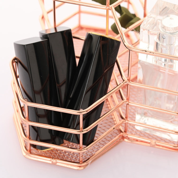 Rose gold hexagonal pen cup holder with black brush containers in open wire frame