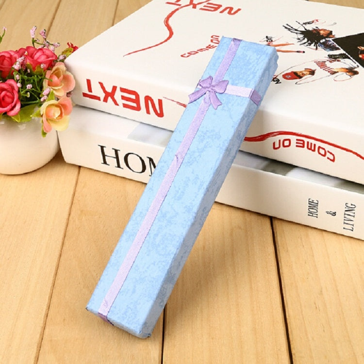 Light blue rectangular necklace gift box with bow and ribbon trim