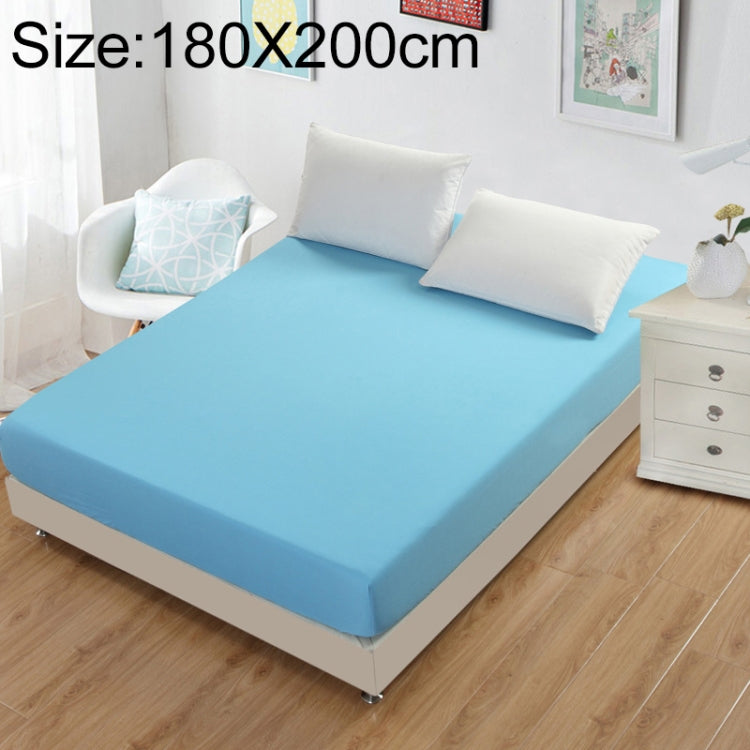 180x200cm fitted mattress protector sheet in light blue, plain stretch fabric.